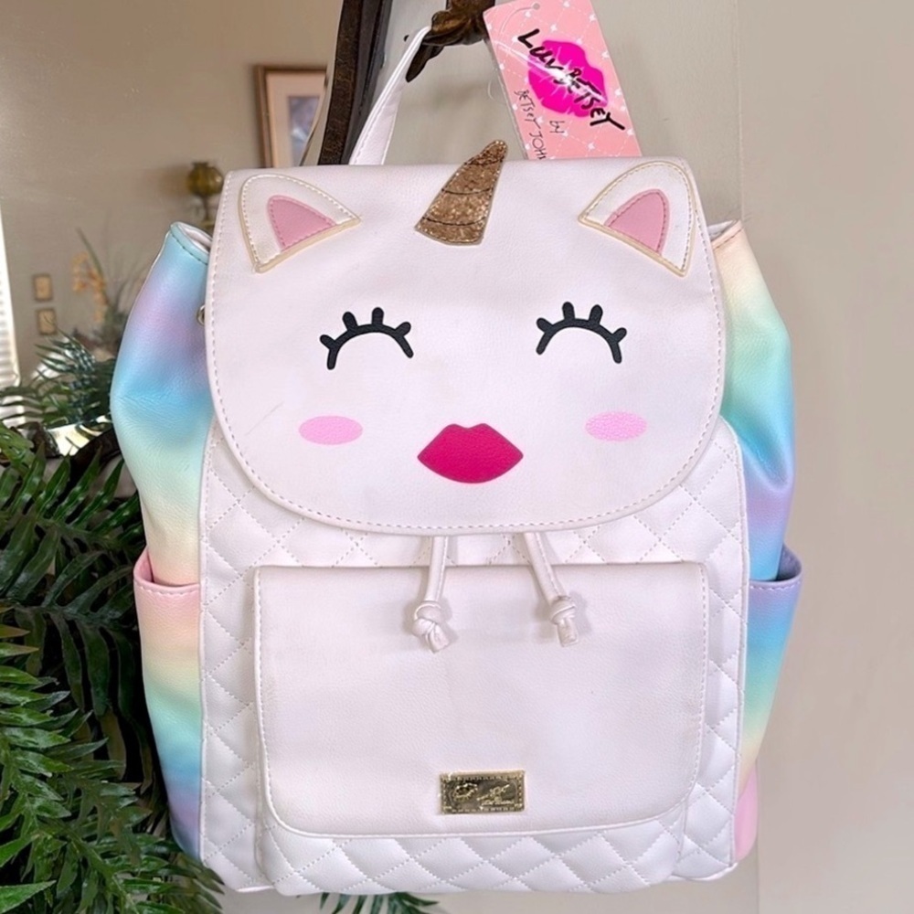 NWT Betsey Johnson Kitty Cat Unicorn Pastel Ombre Large Drawstring Backpack